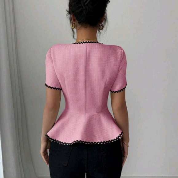 Women's Square Neck Flared Waist Bowknot Ruffle Trim Short Sleeve Blouse - Picture 4 of 4